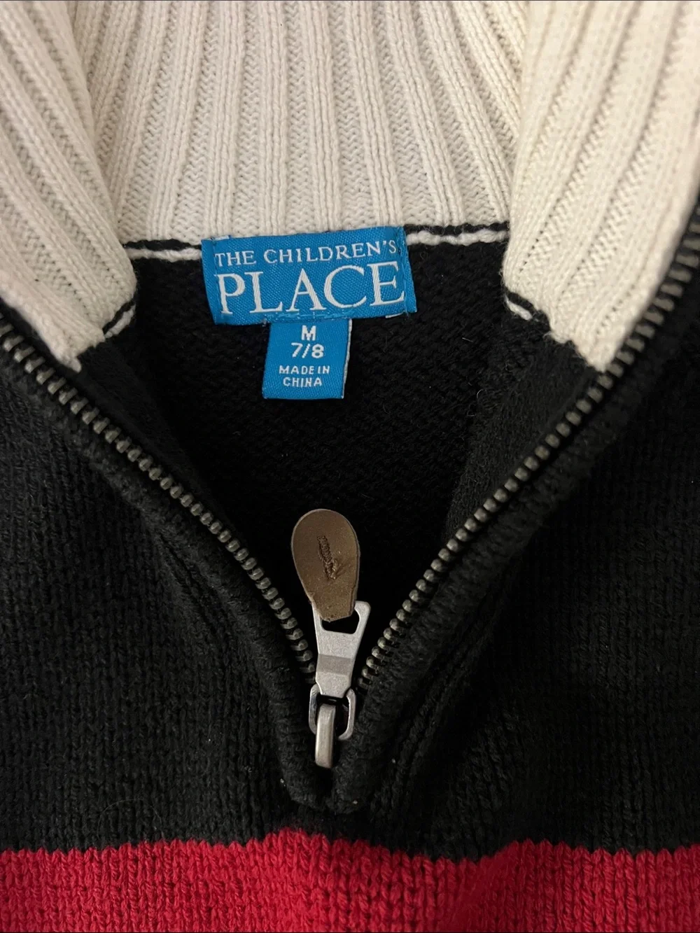 The Children's Place Black Sweater with Red Stripes Zip Mock Neck